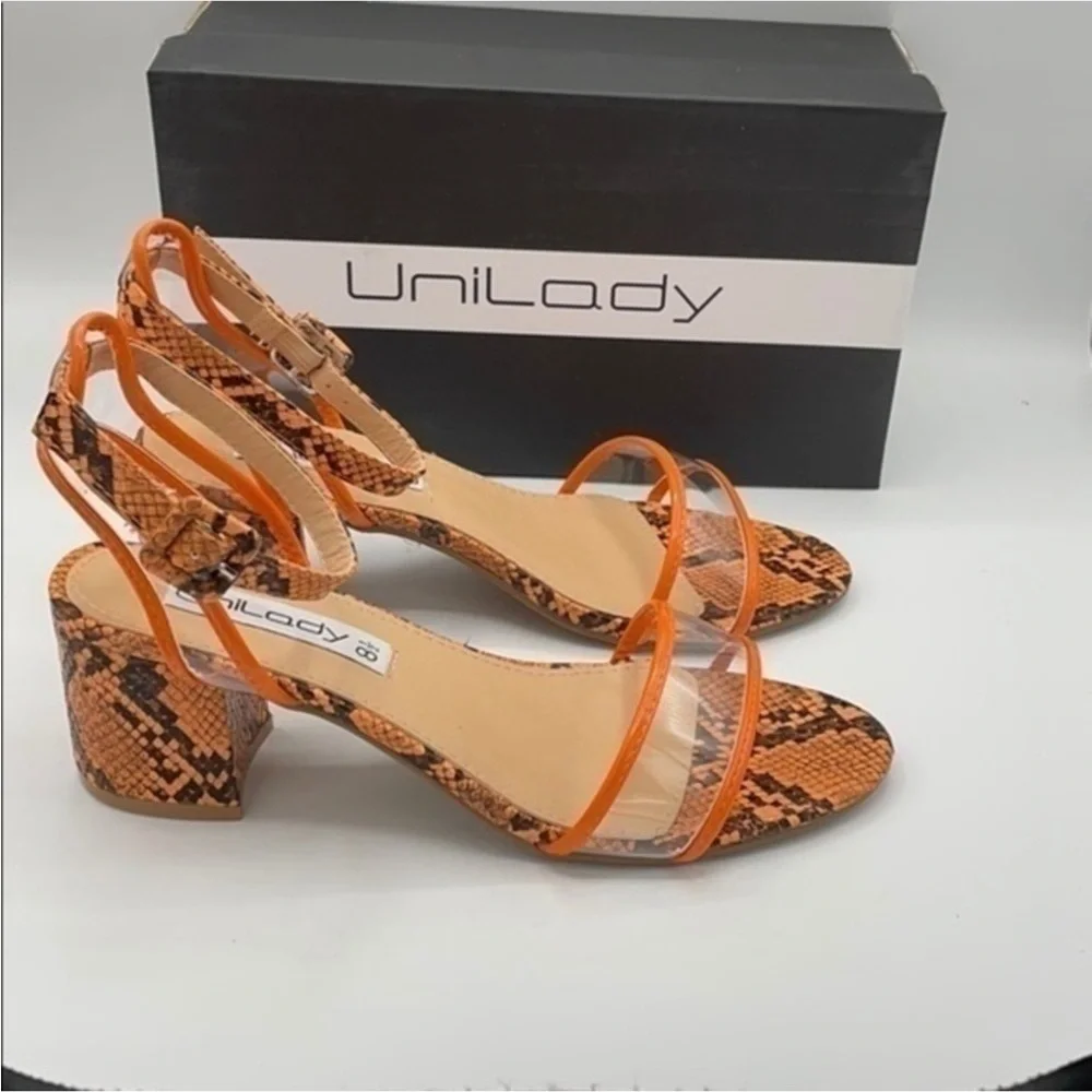 UNILADY Neon Orange Snake Ada block heel sandals